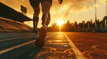 Détermination Sans Limite : Coureur Handicapé sur Prothèse au Centre Sportif au Coucher du Soleil