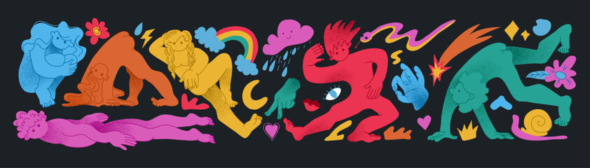 People poses. Cubism design. Flowers and clouds rainbow. Geometric face. Trendy psychedelic shapes. Happy man and woman portrait. Naked body. Hand drawn person figures. Vector abstractor symbols set