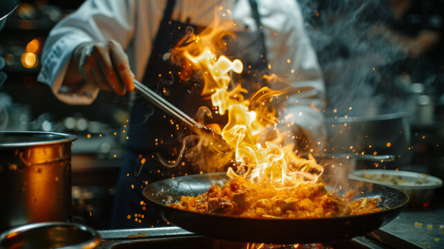 Professional chef in a commercial kitchen cooking with flames in a frying pan, capturing the dynamic movement of food preparation in a culinary environment.