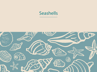 Seashells vector set.. Blue colors. Hand drawn illustrations. Marine background. For invitations, greeting cards, posters, prints, banners, postcards.	