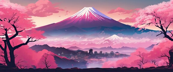 A beautiful pink and purple mountain range with cherry blossoms in the foreground. The scene is serene and peaceful, with a sense of calmness and tranquility