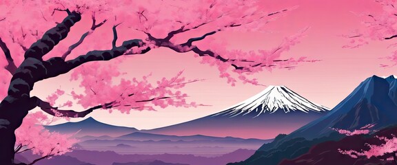 Panele Szklane  A beautiful pink and purple mountain range with a cherry blossom tree in the foreground. The scene is serene and peaceful, with the pink and purple colors creating a calming atmosphere