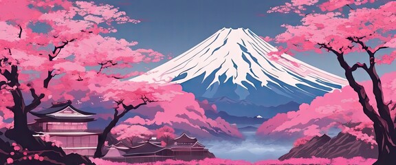 A beautiful landscape with a pink mountain and cherry blossoms. The scene is peaceful and serene, with a sense of tranquility and calmness. The pink color of the mountain 