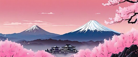 A beautiful mountain range with a pink sky and pink cherry blossoms. The mountains are in the background and the cherry blossoms are in the foreground