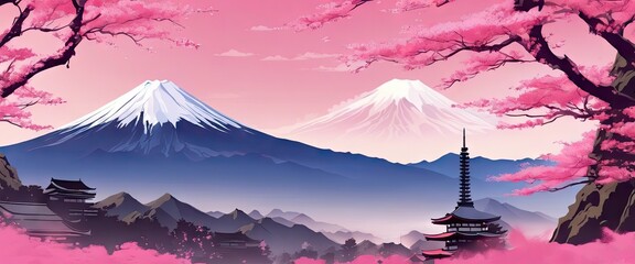 A beautiful landscape with mountains and a temple in the background. The pink and blue colors give a serene and peaceful mood to the image