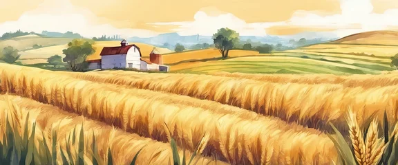 Rolgordijnen A painting of a farm with a barn and a house. The painting is of a field of wheat © Павел Кишиков