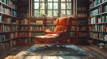 A cozy home library with a stylish leather armchair in the center, bookshelves filled with books, warm lighting, a large window, and a patterned rug on wooden flooring. - obrazy, fototapety, plakaty