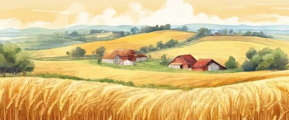 Foto op Plexiglas A painting of a rural landscape with a red barn and a few houses. The mood of the painting is peaceful and serene © Павел Кишиков