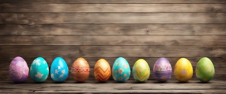  row of colorful Easter eggs are sitting  wooden surface. The eggs are arranged in a line, with some of them being larger than others. eggs come variety  colors, including blue, green, yellow, orange