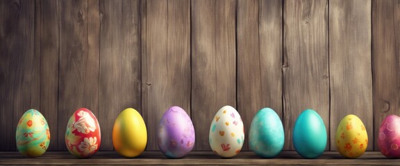 A row of colorful Easter eggs are lined up on a wooden shelf. The eggs are of various sizes and colors, including yellow, blue, and pink. Concept of celebration and joy