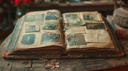 An old, open photo album rests on a wooden table, filled with black-and-white photographs.