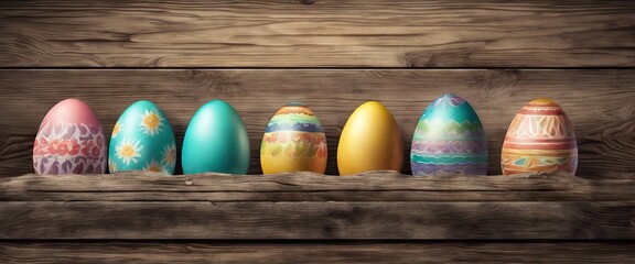  row colorful Easter eggs are sitting  wooden shelf. eggs are painted in various colors patterns, creating a cheerful and festive atmosphere. arrangement eggs shelf suggests sense  celebration  joy