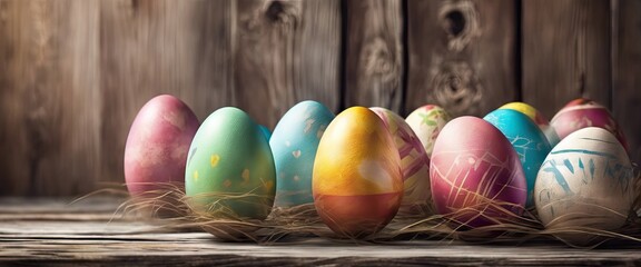 A bunch of painted eggs are sitting on a wooden surface. The eggs are of different colors and sizes, and they are arranged in a row. Concept of creativity and playfulness