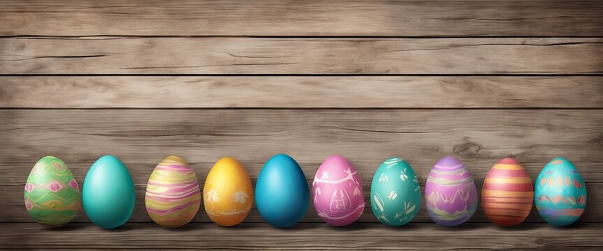 A row of colorful Easter eggs on a wooden surface. The eggs are arranged in a line, with some being larger than others. The eggs are of various colors, including blue, green, yellow, and pink