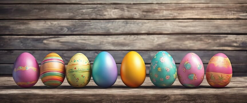A row of colorful Easter eggs are lined up on a wooden surface. The eggs are of various sizes and colors, including pink, yellow, and blue. Concept of celebration and joy