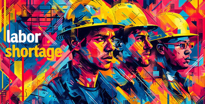 Bold graphic design highlighting the pressing issue of labor shortage with stark contrast and dynamic lines, indicative of economic challenges and employment crisis