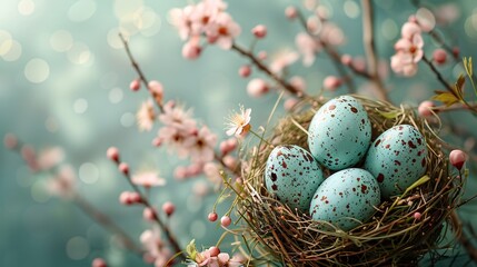 Fototapeta premium Celebrate Easter with our festive poster and banner featuring colorful eggs in a nest on a pale green backdrop, perfect for showcasing gifts and promotions in a flat lay design.