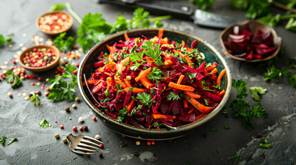 Raw grated beetroot, apple, and carrot salad