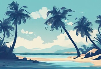 A beautiful blue ocean with palm trees in the background. Scene is calm and relaxing