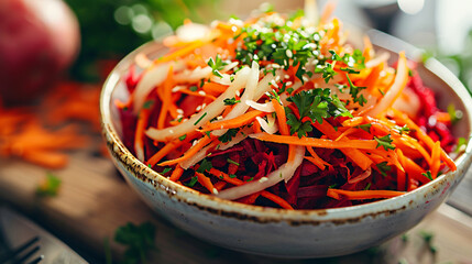 Raw grated beetroot, apple, and carrot salad