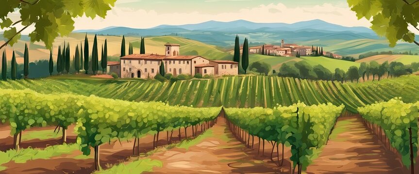 A painting of a vineyard with a house in the background. The mood of the painting is peaceful and serene