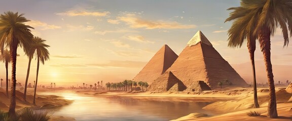 A beautiful painting of the pyramids of Giza with palm trees in the background. The painting captures the essence of the ancient Egyptian civilization and the majestic beauty of the pyramids.  - obrazy, fototapety, plakaty