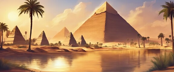 A painting of the pyramids of Egypt with a river in the background. The painting has a warm, golden tone and a sense of peacefulness - obrazy, fototapety, plakaty