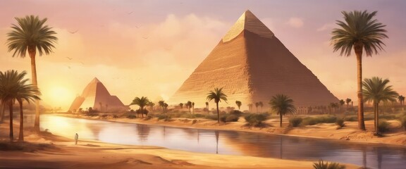 A beautiful painting of the pyramids of Egypt with palm trees in the background. The painting captures the essence of the ancient civilization and the beauty of the landscape - obrazy, fototapety, plakaty