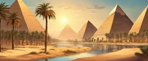 A beautiful landscape of the pyramids of Giza with a river running through it. The sun is setting, casting a warm glow over the scene - obrazy, fototapety, plakaty