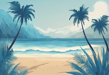Fototapeta na wymiar A beautiful beach scene with palm trees and a blue ocean. Scene is calm and relaxing