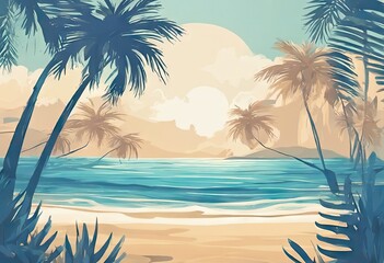 Fototapeta na wymiar A beautiful beach scene with palm trees and a blue ocean. Scene is peaceful and relaxing