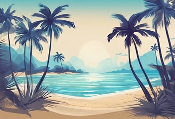 A beautiful beach scene with palm trees and a blue ocean. Scene is calm and relaxing