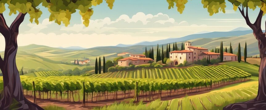 A painting of a vineyard with a house in the distance. The mood of the painting is peaceful and serene