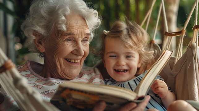 Generational Bonding: Grandmother and Child Enjoying a Book in Hammock