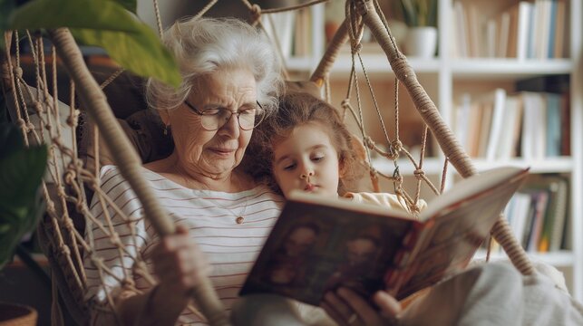 Generational Bonding: Grandmother and Child Enjoying a Book in Hammock