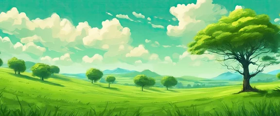 Muurstickers  lush green field with a large tree in the foreground. sky is cloudy, but the sun is shining through clouds. The scene is peaceful serene, with the trees  grass creating a sense of calm tranquility © Павел Кишиков