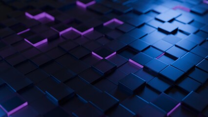 Abstract background from semi-transparent cubes. Some of which have a glow. There is a blur effect on the background. 3D render. Maximum resolution 8K.