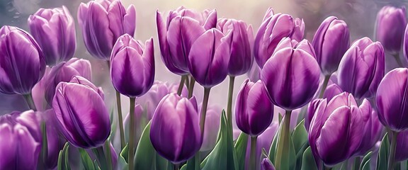 A bunch of purple tulips are in a field. The flowers are in full bloom and are very vibrant. Concept of beauty and serenity