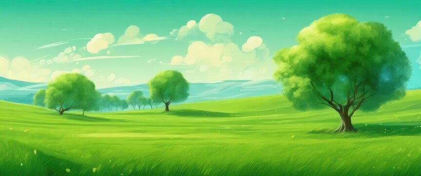 A green field with trees and a blue sky. Scene is peaceful and serene