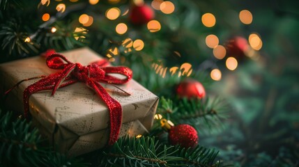 Fototapeta na wymiar Close-Up of Christmas Gift Under the Tree