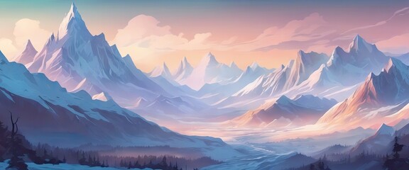 A mountain range with a river running through it. The sky is pink and the mountains are covered in snow