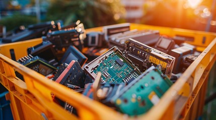 Disposing of household and discarded electronic items in a recycling bin, sorting and recycling hazardous e-waste. - obrazy, fototapety, plakaty
