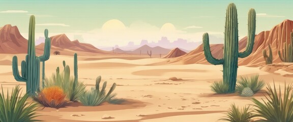 A desert scene with a large cactus in the foreground and a smaller cactus in the background