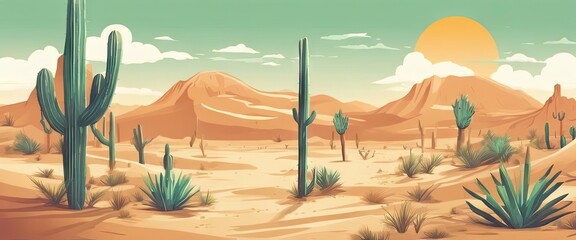 A desert scene with cacti and a sun in the sky. Scene is peaceful and serene