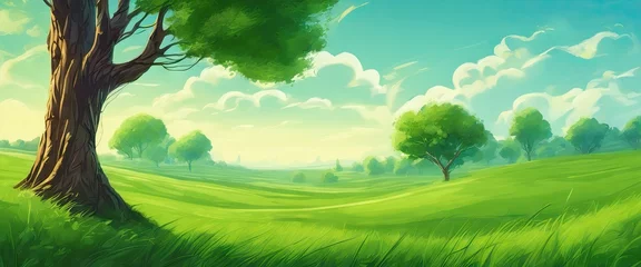 Tuinposter A lush green field with a tree in the foreground. The sky is clear and blue, and the grass is tall and green. The scene is peaceful and serene, with the tree providing a sense of calm and tranquility © Павел Кишиков