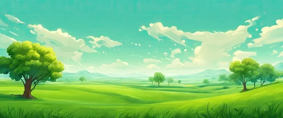 Gordijnen A lush green field with a few trees and a clear blue sky. The sky is dotted with clouds, giving the scene a peaceful and serene atmosphere © Павел Кишиков