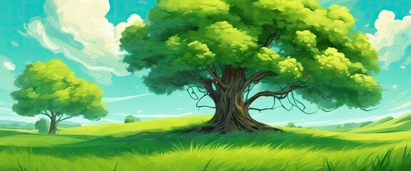 A painting of a tree in a field with a blue sky in the background. The mood of the painting is peaceful and serene