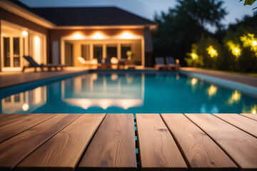 Empty wooden table in front with blurred background of swimming pool in the evening