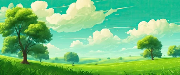 Poster A lush green field with trees and a clear blue sky. The sky is dotted with clouds, giving the scene a peaceful and serene atmosphere © Павел Кишиков