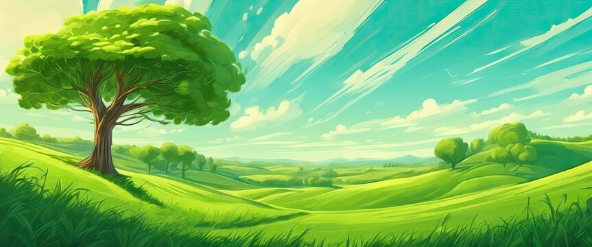 A large tree stands in a lush green field. The sky is clear and blue, with a few clouds scattered throughout. The scene is peaceful and serene, with the tree providing a sense of calm and tranquility